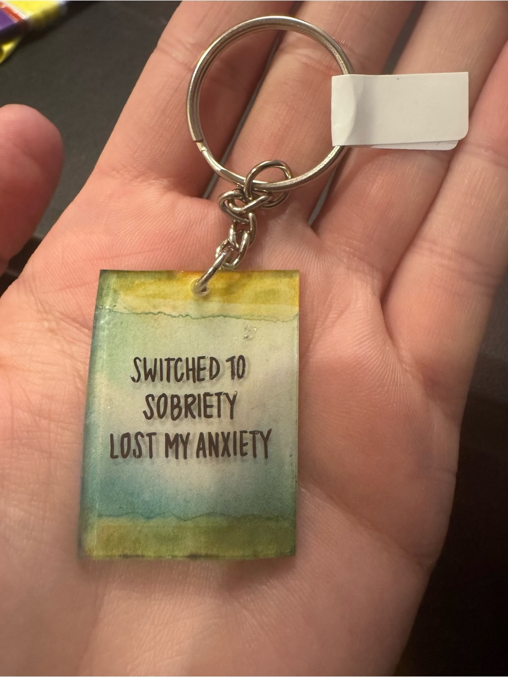 Handmade Switched to Sobriety Lost My Anxiety Keychain - Green Blue Watercolor